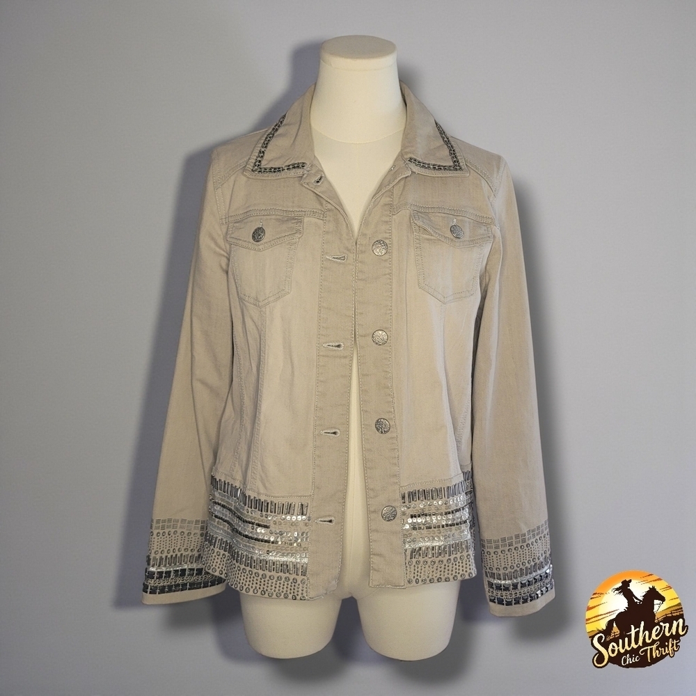 Chico's Beige Jean Jacket with Silver Details - Picture 2 of 9